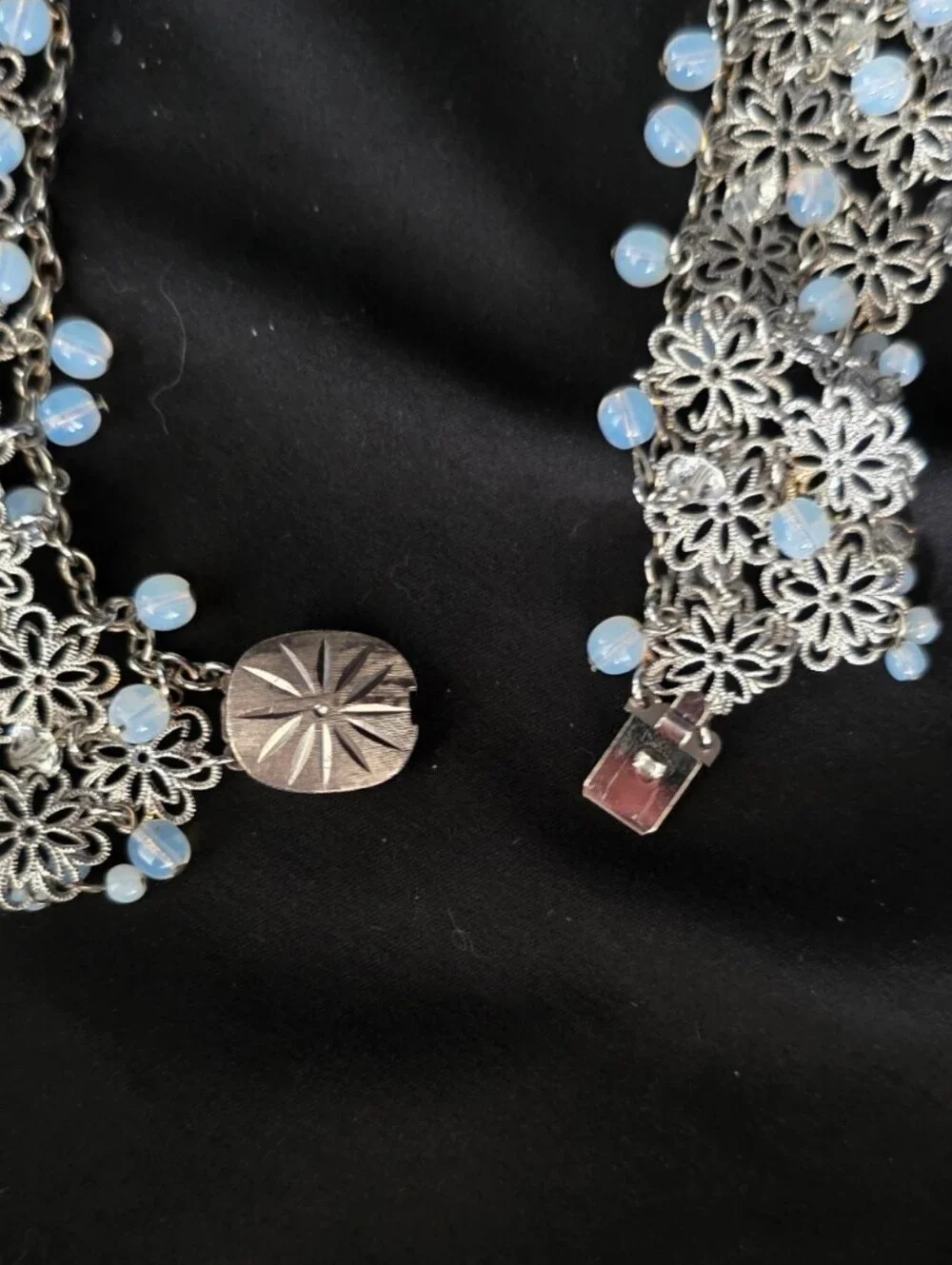 Vintage 1950s 1960s Floral Bib Necklace Opaline Glass Crystal Statement Collar